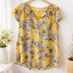 ELLE Yellow Floral Blouse Size Large Flutter Sleeve Top